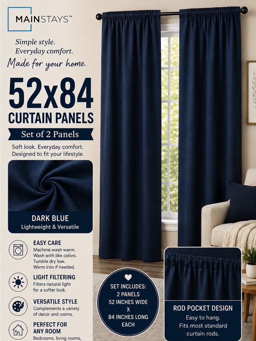 Mainstays Dark Navy Blue Bedding Throw 2panels 52x84